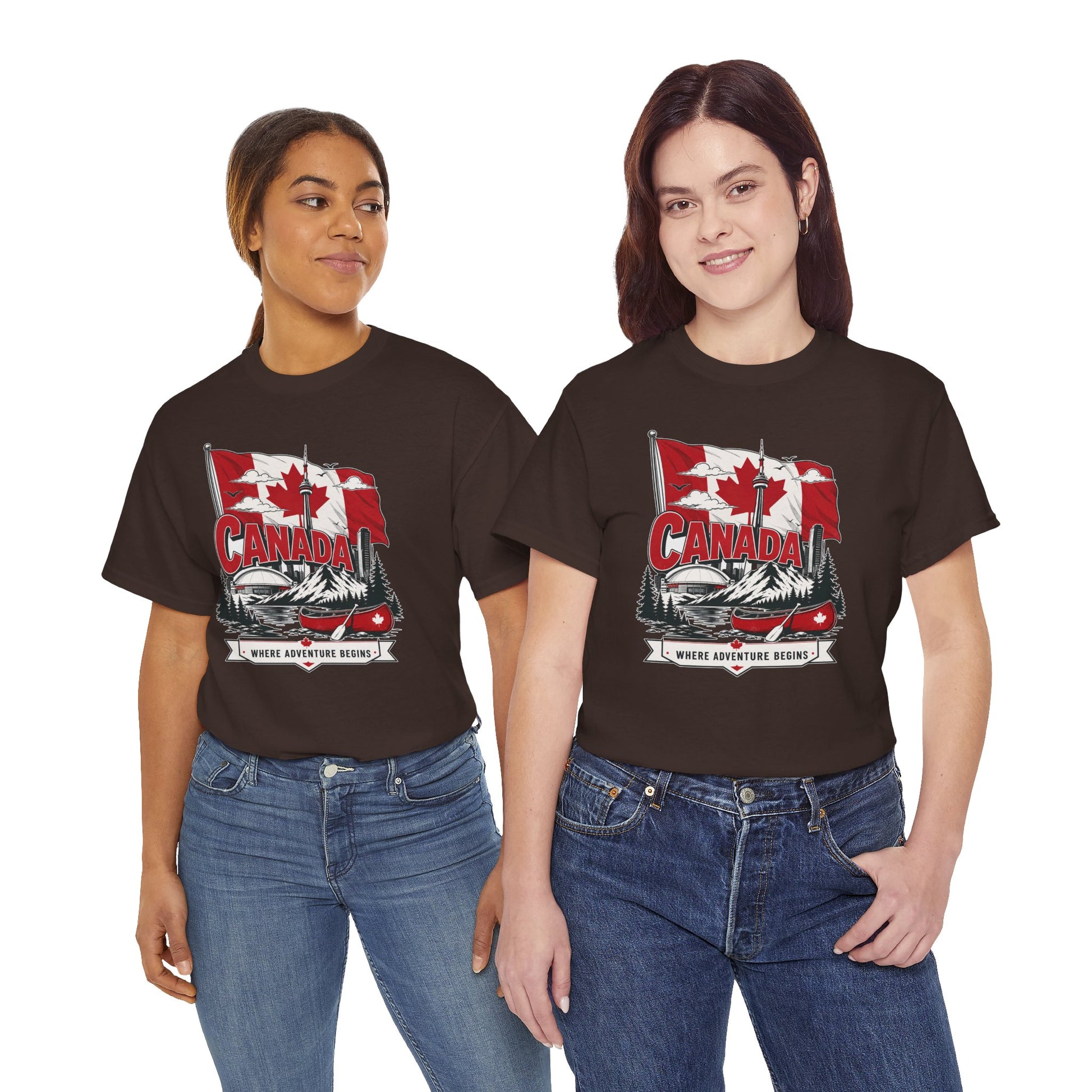 Black Canada graphic T-shirt with red maple leaf and canoe chest print