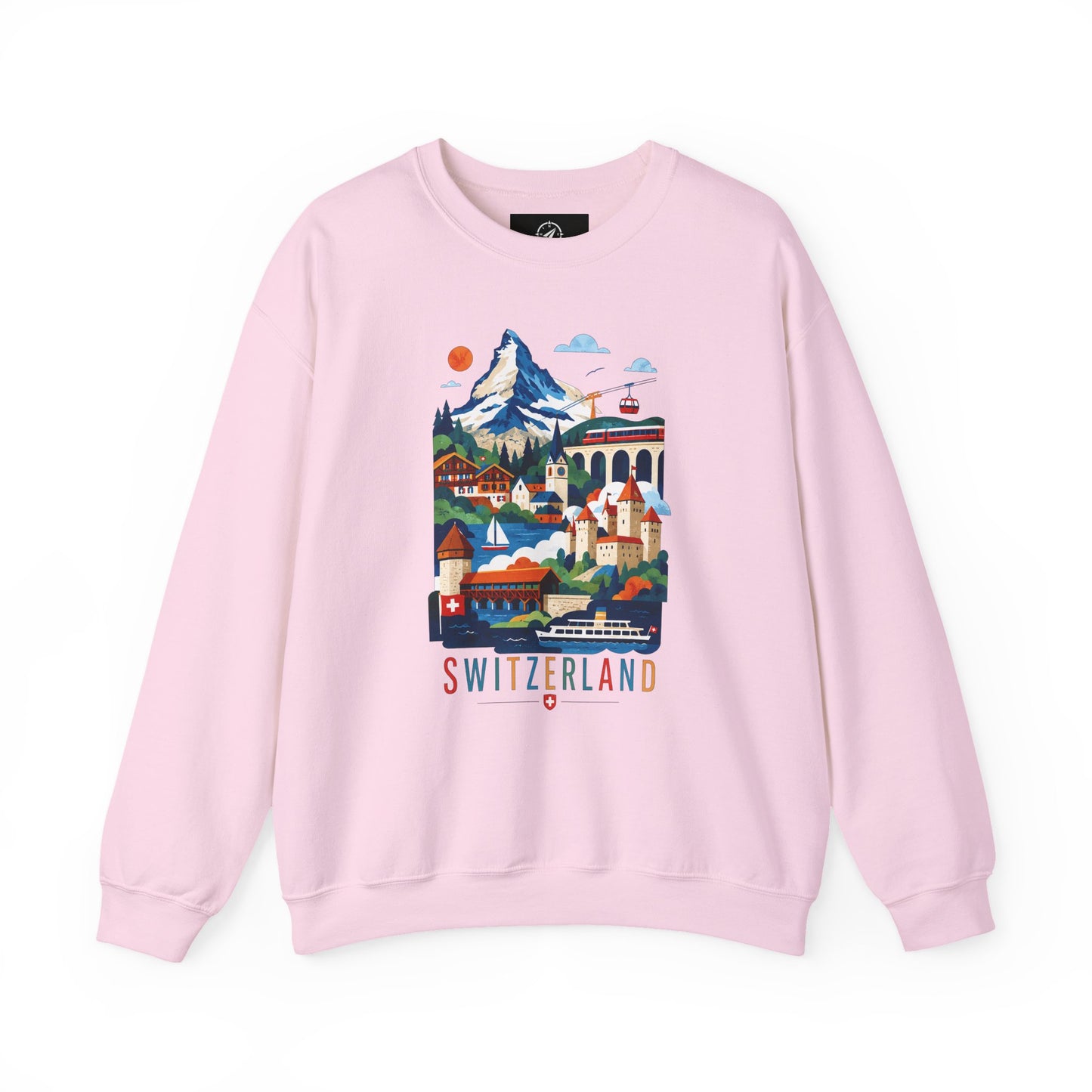 Light pink crewneck sweatshirt with colorful Switzerland alpine village graphic on front