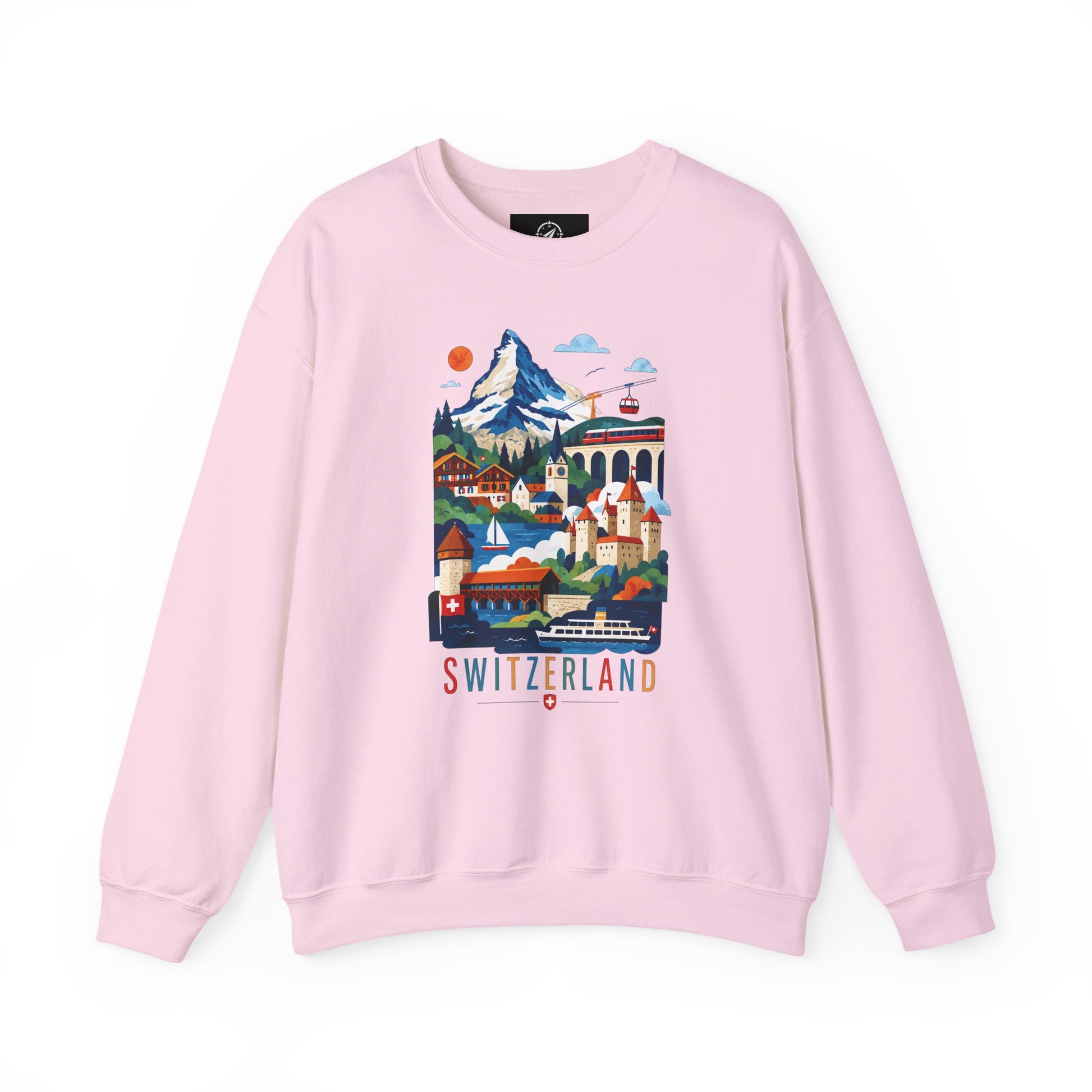 Light pink crewneck sweatshirt with colorful Switzerland alpine village graphic on front