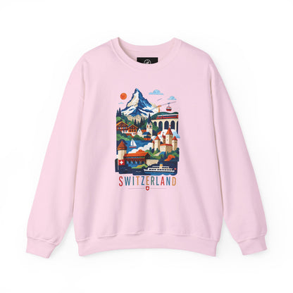 Light pink crewneck sweatshirt with colorful Switzerland alpine village graphic on front