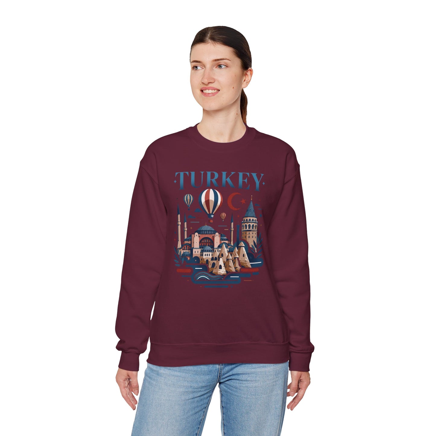 Maroon crewneck sweatshirt with colorful Turkey graphic text and landmarks