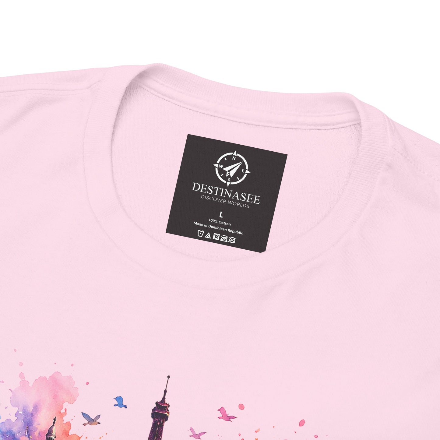 Light pink T-shirt with small label and watercolor Eiffel Tower floral design