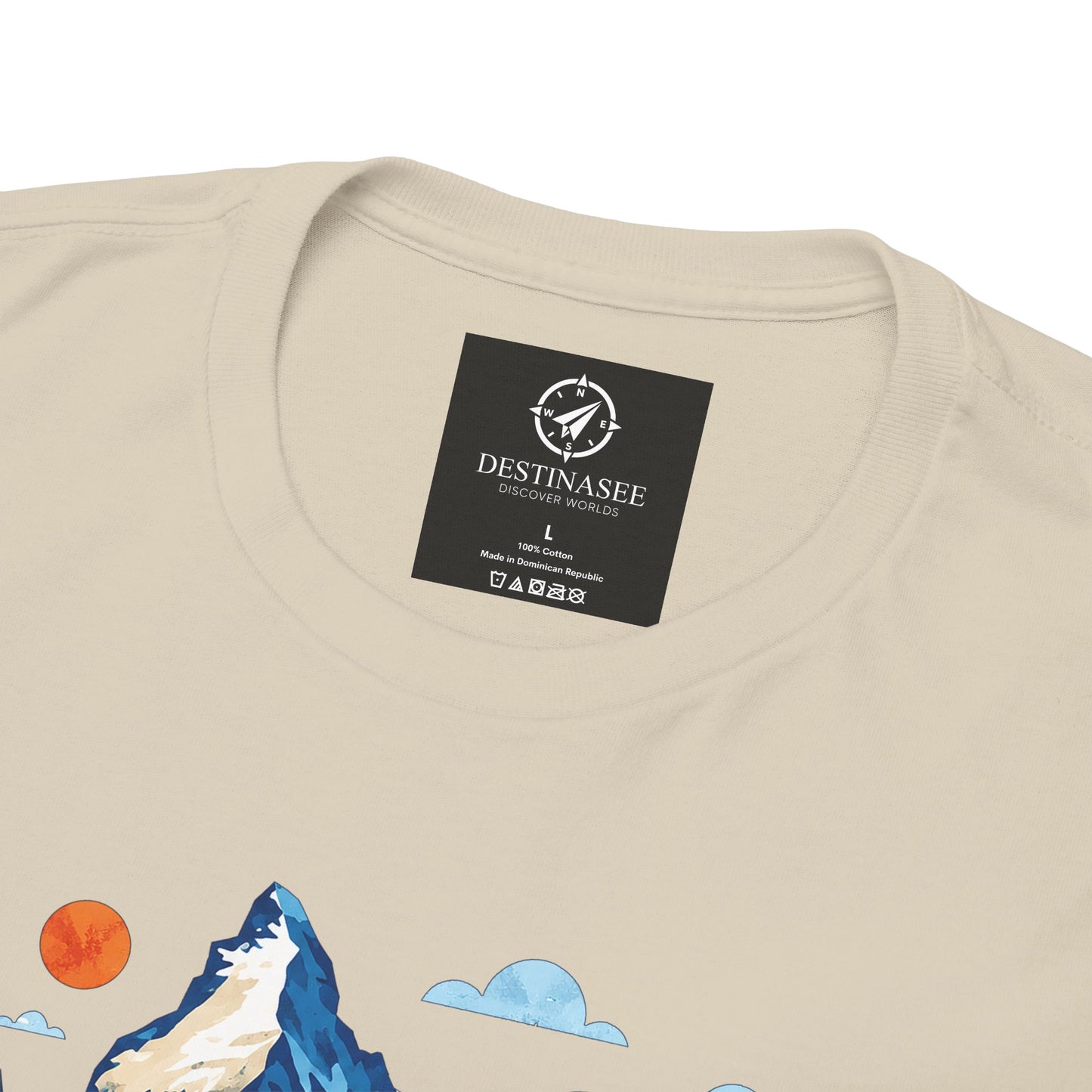 Natural crew-neck T-shirt back collar with black brand label and mountain illustration