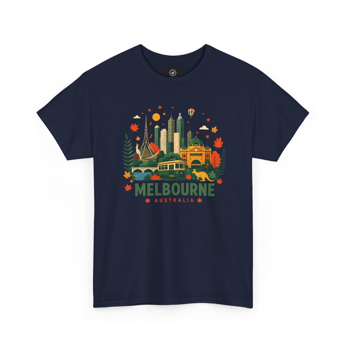 Navy T-shirt with Melbourne skyline and colorful autumn front graphic