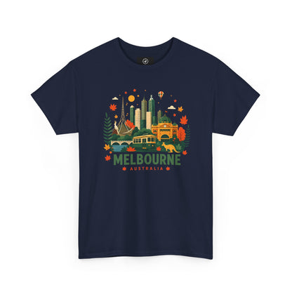 Navy T-shirt with Melbourne skyline and colorful autumn front graphic