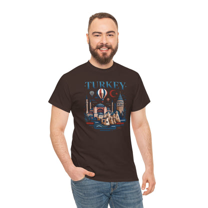 Dark brown T-shirt with Turkey skyline graphic, hot air balloons and crescent moon