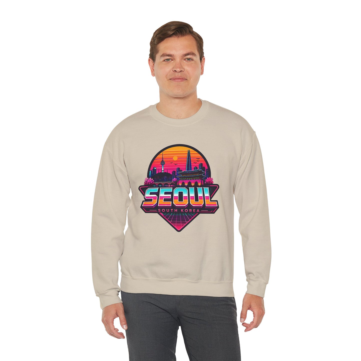 Light sand crewneck sweatshirt with Seoul cityscape chest graphic