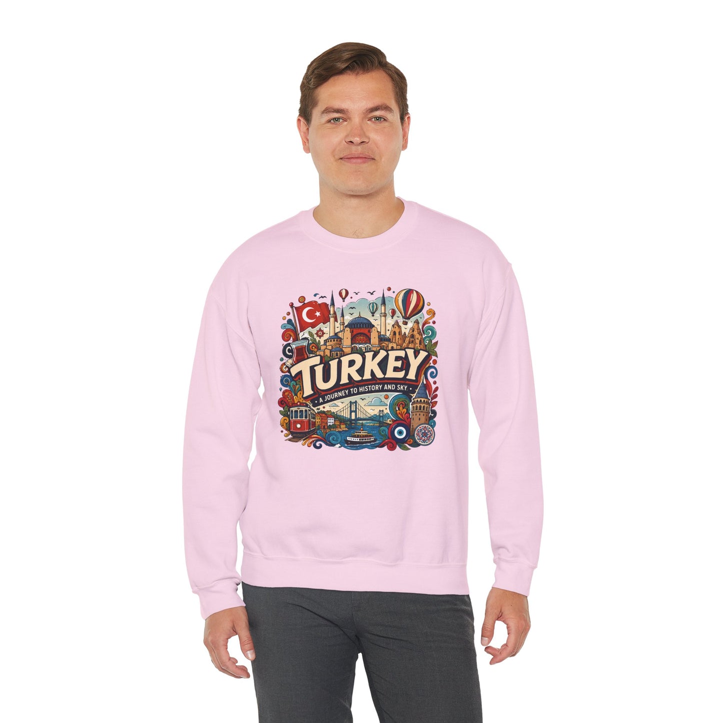 Light pink crewneck sweatshirt with large Turkey city graphic on the chest