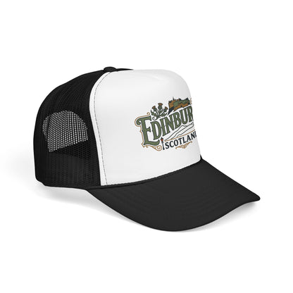 Two-tone black and white trucker hat with mesh sides and embroidered Edinburgh logo.