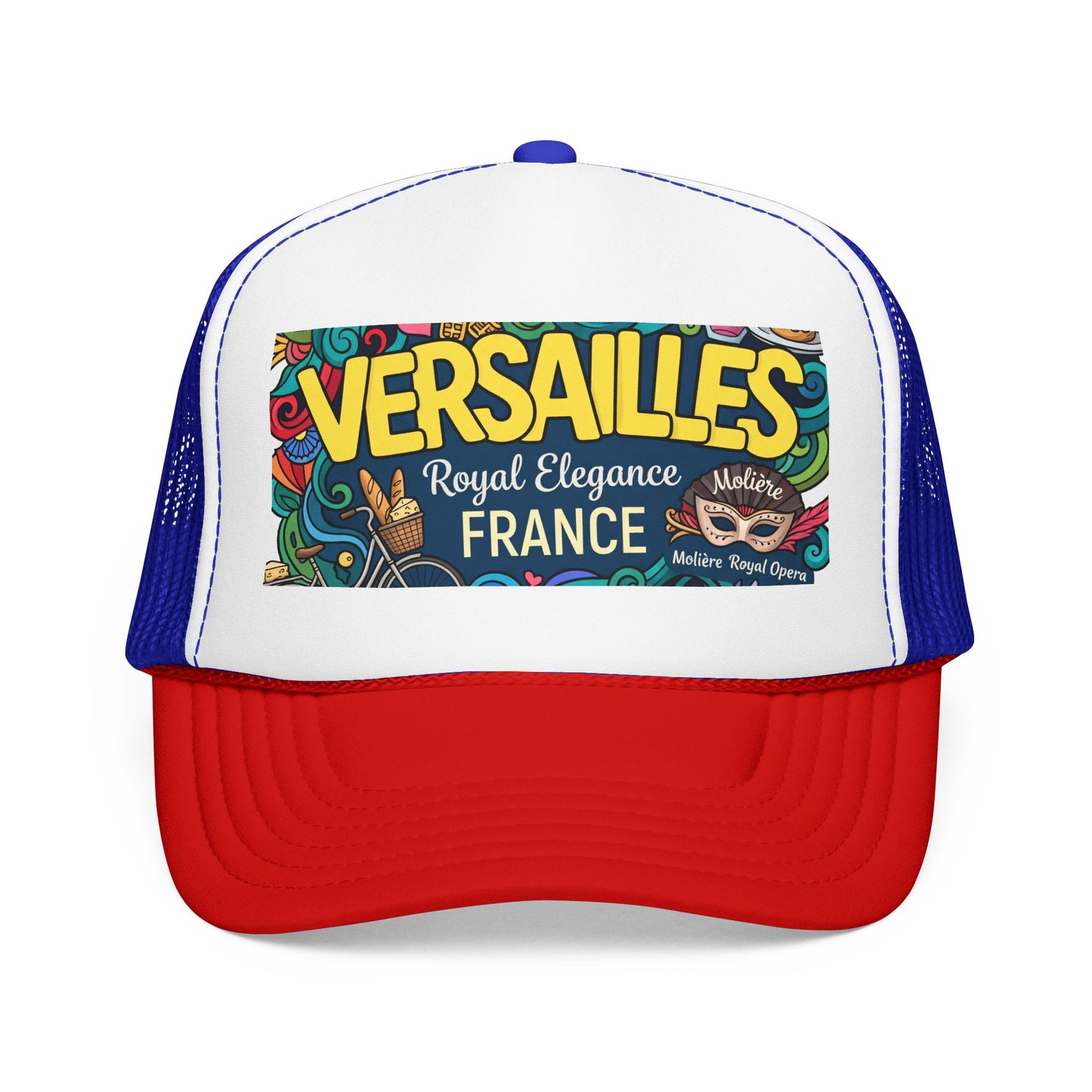 White trucker hat with blue accents, red brim, and “Versailles France” front patch