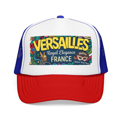White trucker hat with blue accents, red brim, and “Versailles France” front patch
