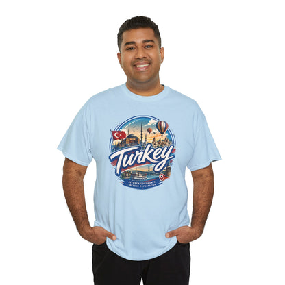 Light blue Istanbul travel T-shirt with “Turkey” circular graphic on the chest