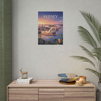 Sydney Opera House rolled poster on wall near decor, showing SYDNEY sunset harbor artwork