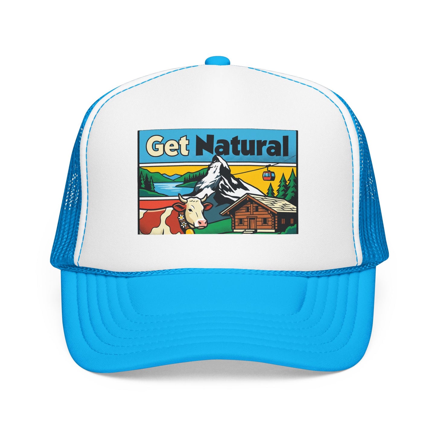 Get Natural trucker hat with Swiss landscape patch, white front and bright blue brim with blue mesh.