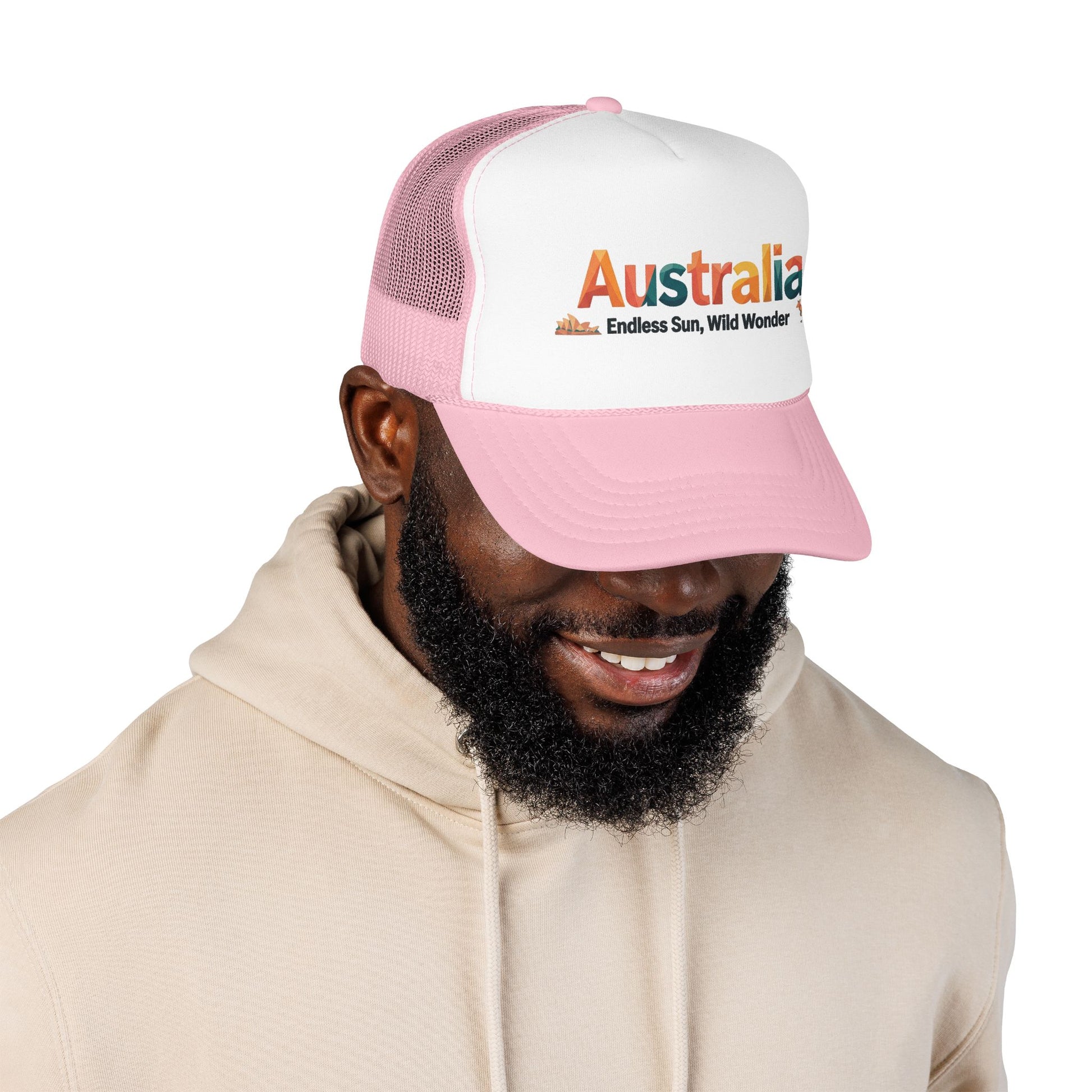 Australia vintage travel trucker cap on model, white front with light pink mesh and brim