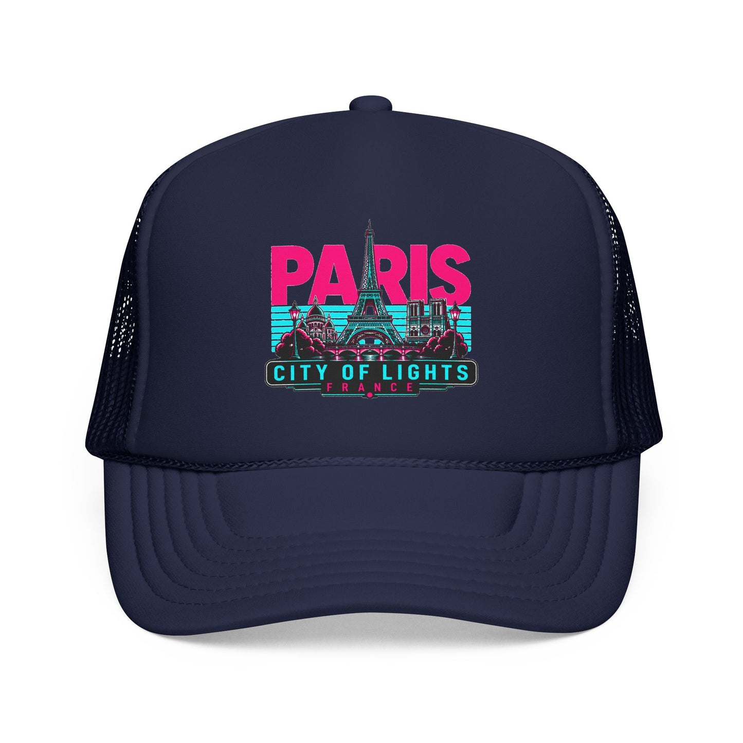 Dark navy trucker hat with black mesh sides and Paris City of Lights graphic, curved brim.