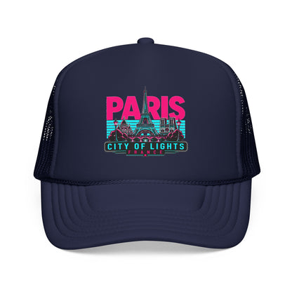Dark navy trucker hat with black mesh sides and Paris City of Lights graphic, curved brim.