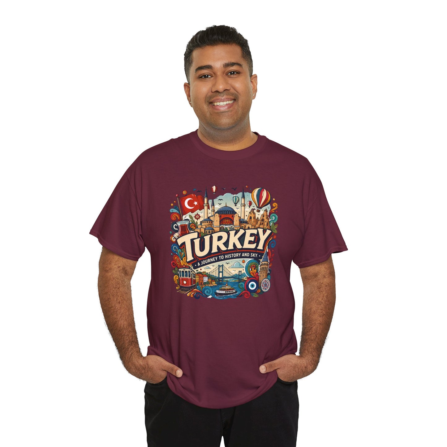 Maroon graphic tee with colorful Turkey city scene front print on a standing man