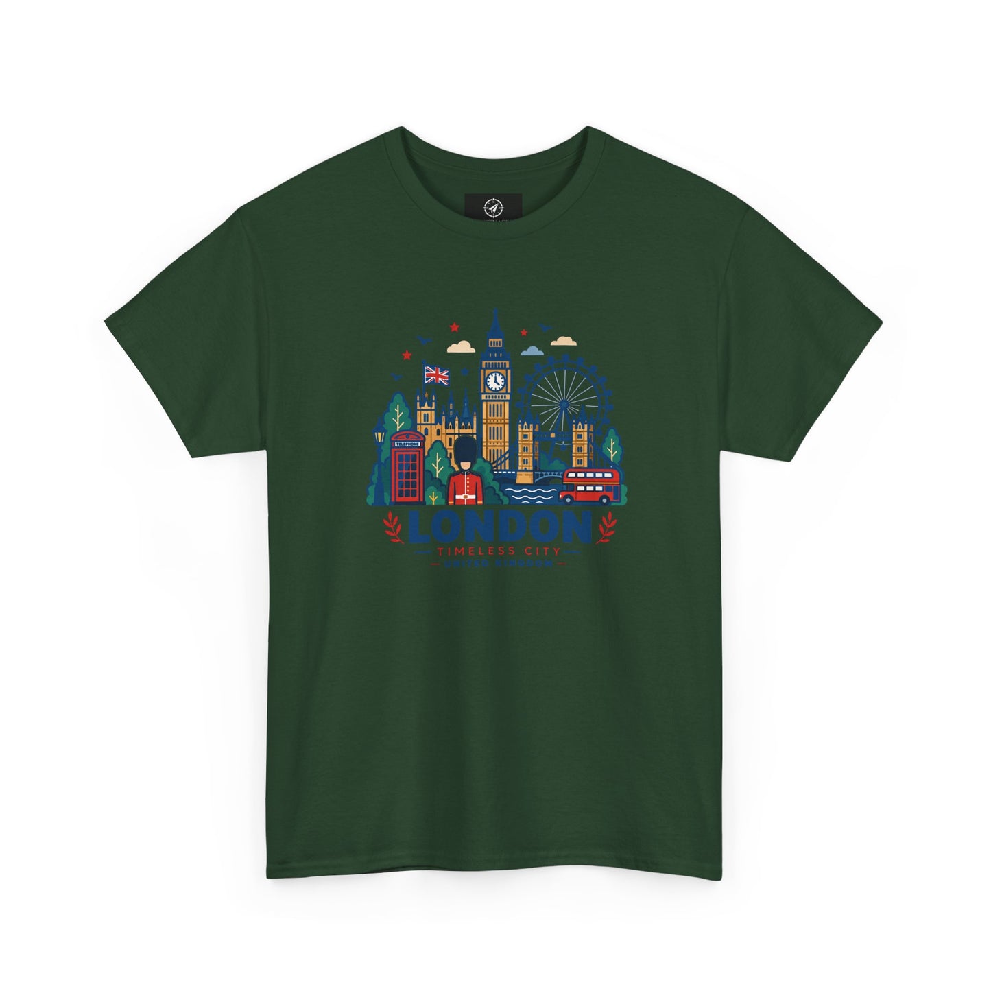 Forest green London skyline t-shirt with colorful city graphic and “LONDON” text