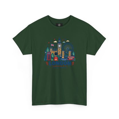Forest green London skyline t-shirt with colorful city graphic and “LONDON” text