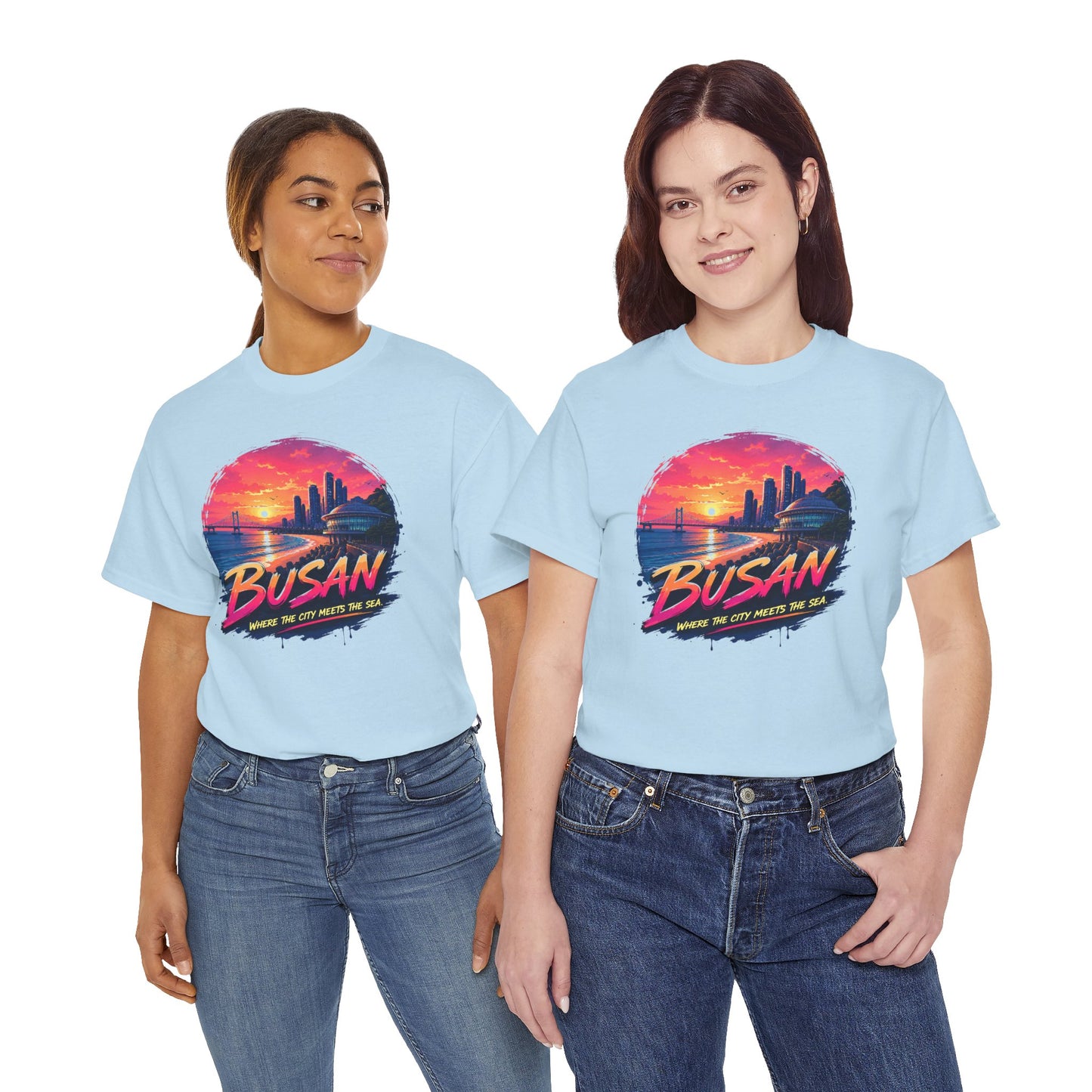 Light blue graphic t-shirt with Busan sunset seaside print, crew neck and short sleeves