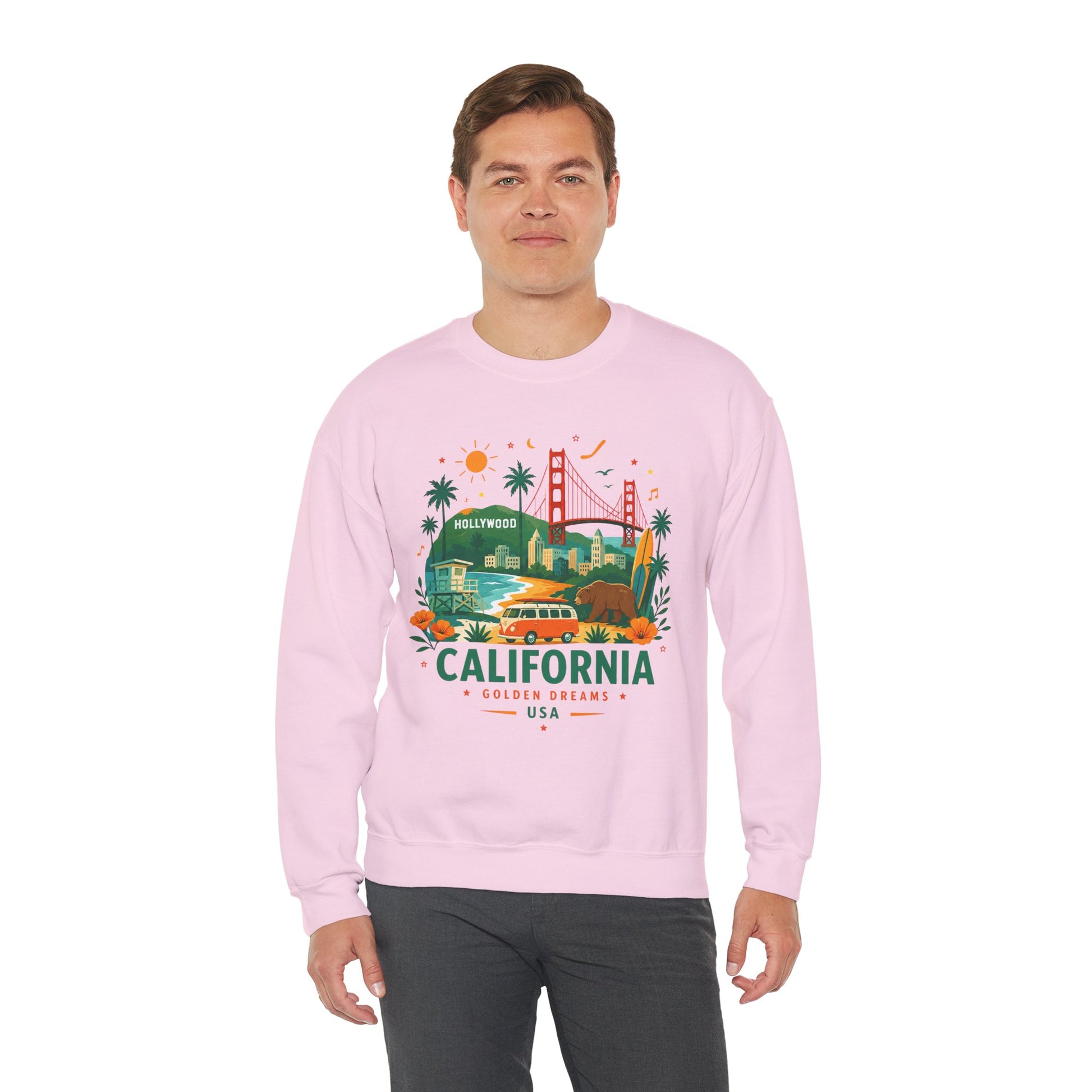 Light pink crewneck sweatshirt with colorful California graphic on the front.