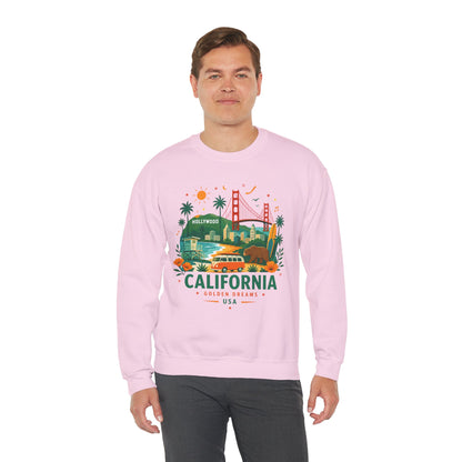 Light pink crewneck sweatshirt with colorful California graphic on the front.