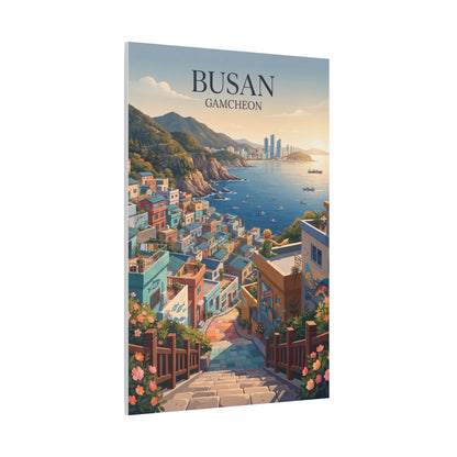 Matte canvas wall art, vertical: BUSAN GAMCHEON view of ocean shoreline and city skyline