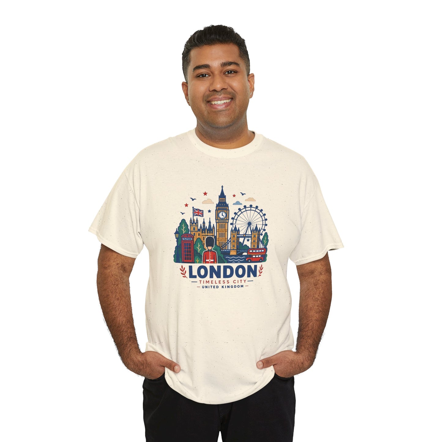 Natural crew-neck T-shirt with colorful London skyline front graphic