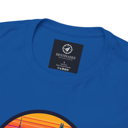 Royal blue short-sleeve T-shirt close-up: small chest tag and top of city graphic