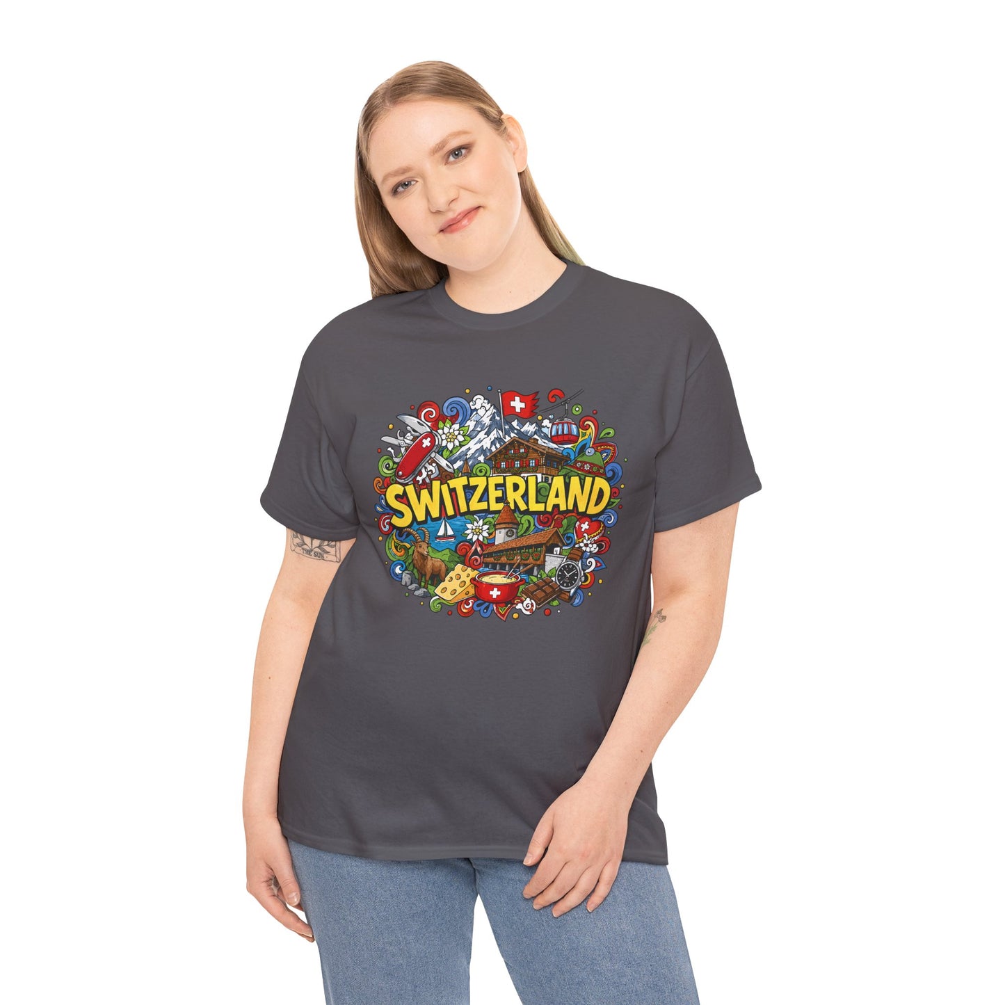Charcoal Switzerland travel T-shirt with colorful round chest graphic