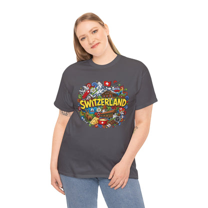 Charcoal Switzerland travel T-shirt with colorful round chest graphic