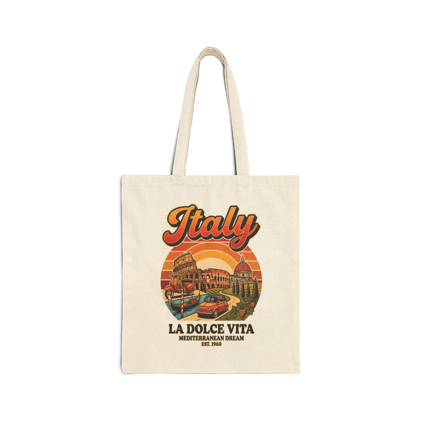 Natural canvas tote bag with front Italy graphic and long fabric handles