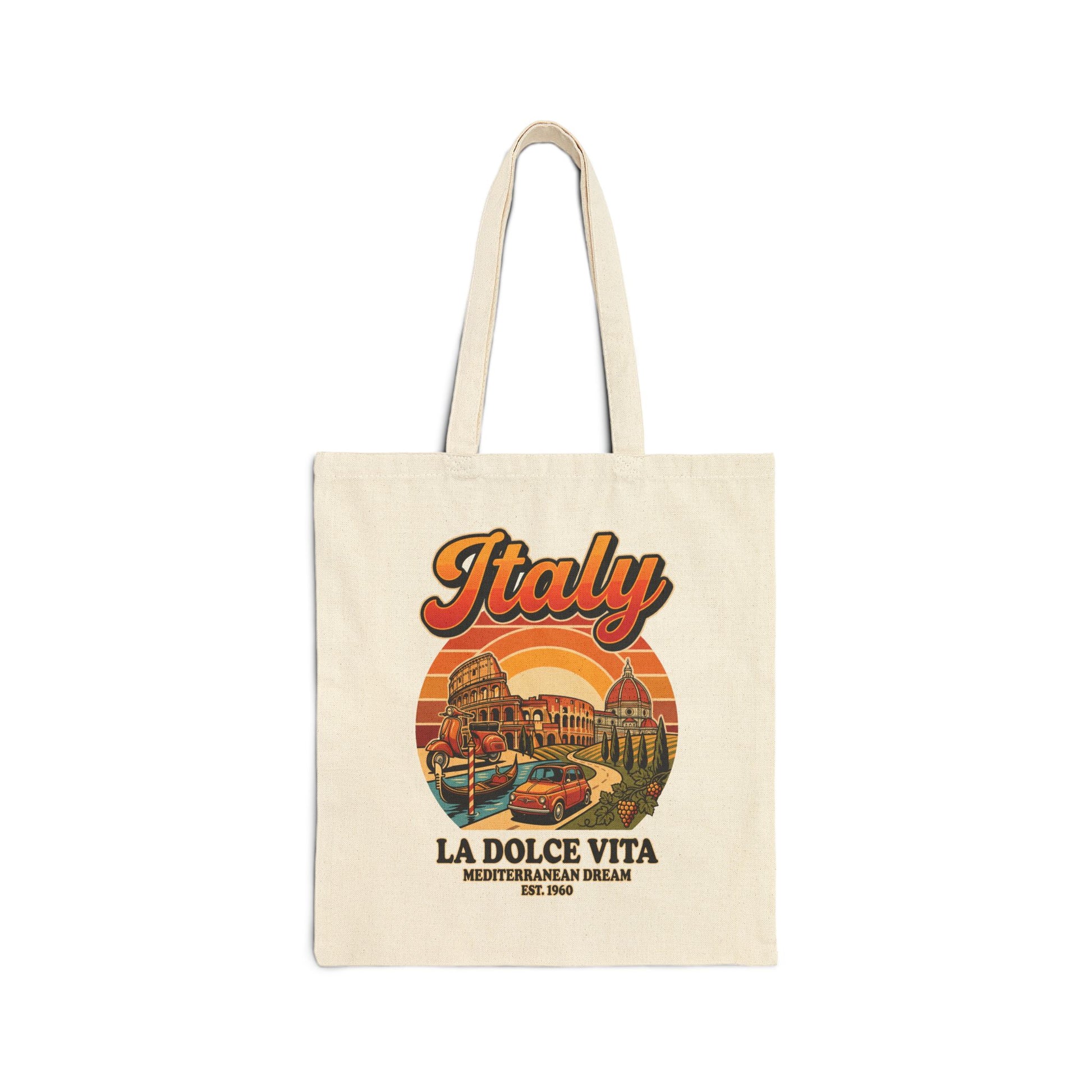 Natural canvas tote bag with front Italy graphic and long fabric handles