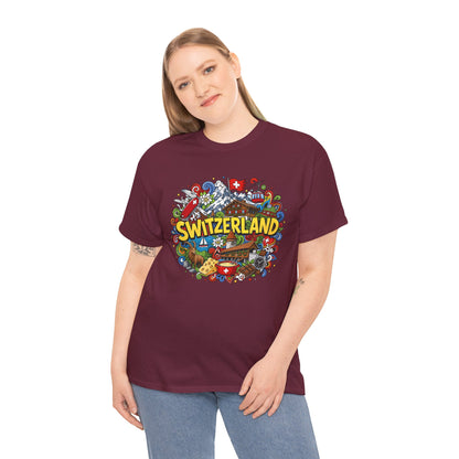 Maroon crew-neck T-shirt with Switzerland front graphic, short sleeves