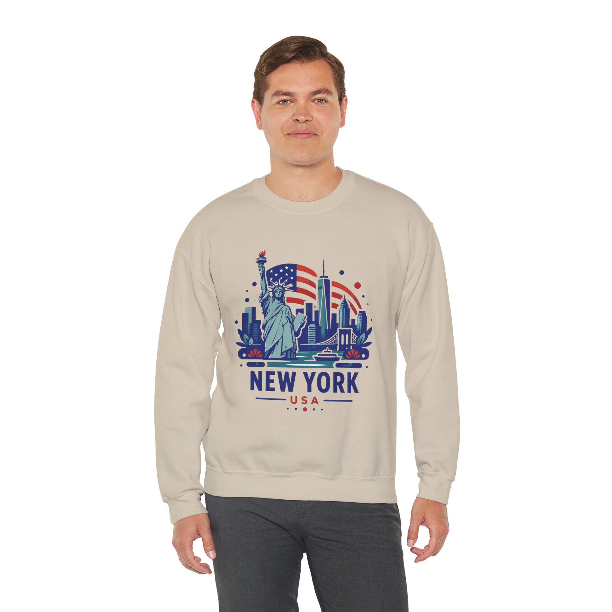 Beige crewneck sweatshirt with centered New York skyline graphic