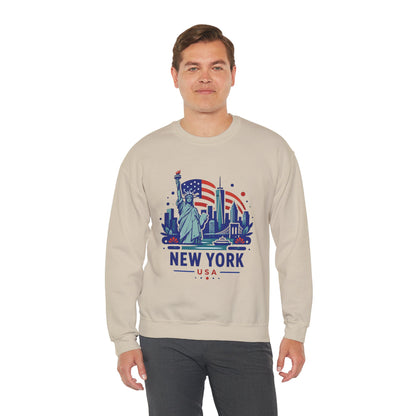 Beige crewneck sweatshirt with centered New York skyline graphic