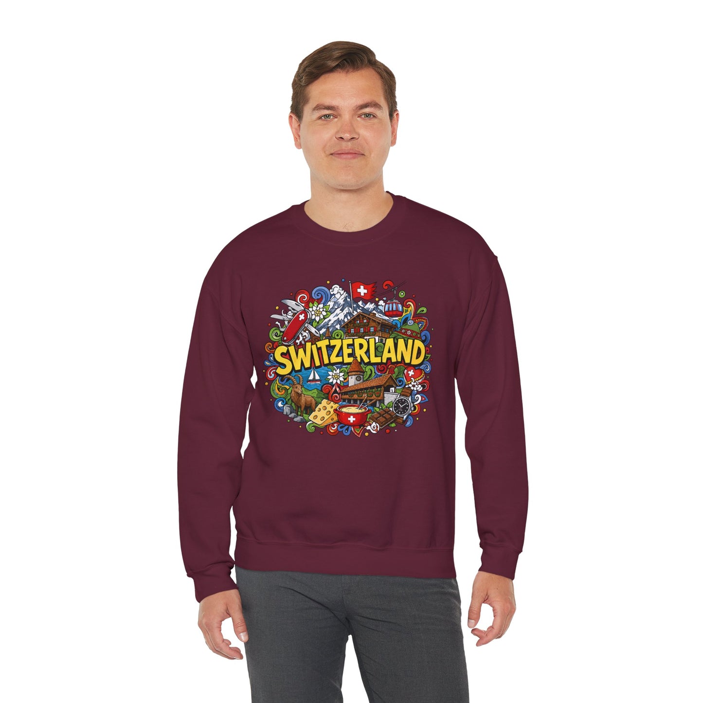 Maroon sweatshirt with colorful Switzerland graphic print across the chest