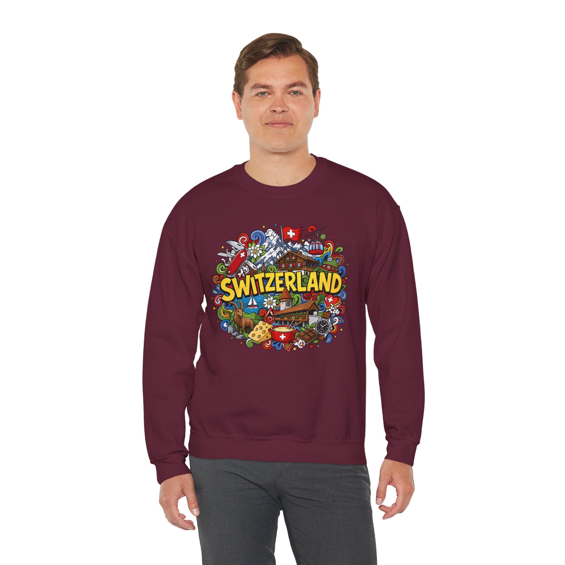 Maroon sweatshirt with colorful Switzerland graphic print across the chest