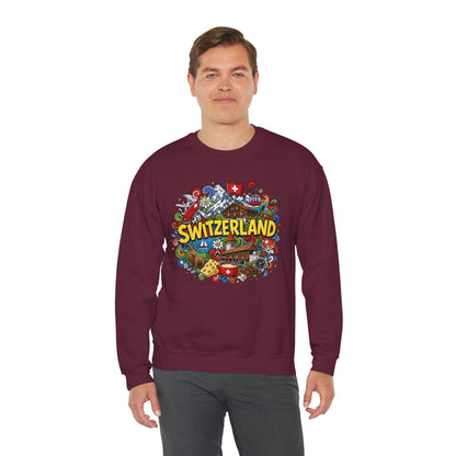 Maroon sweatshirt with colorful Switzerland graphic print across the chest