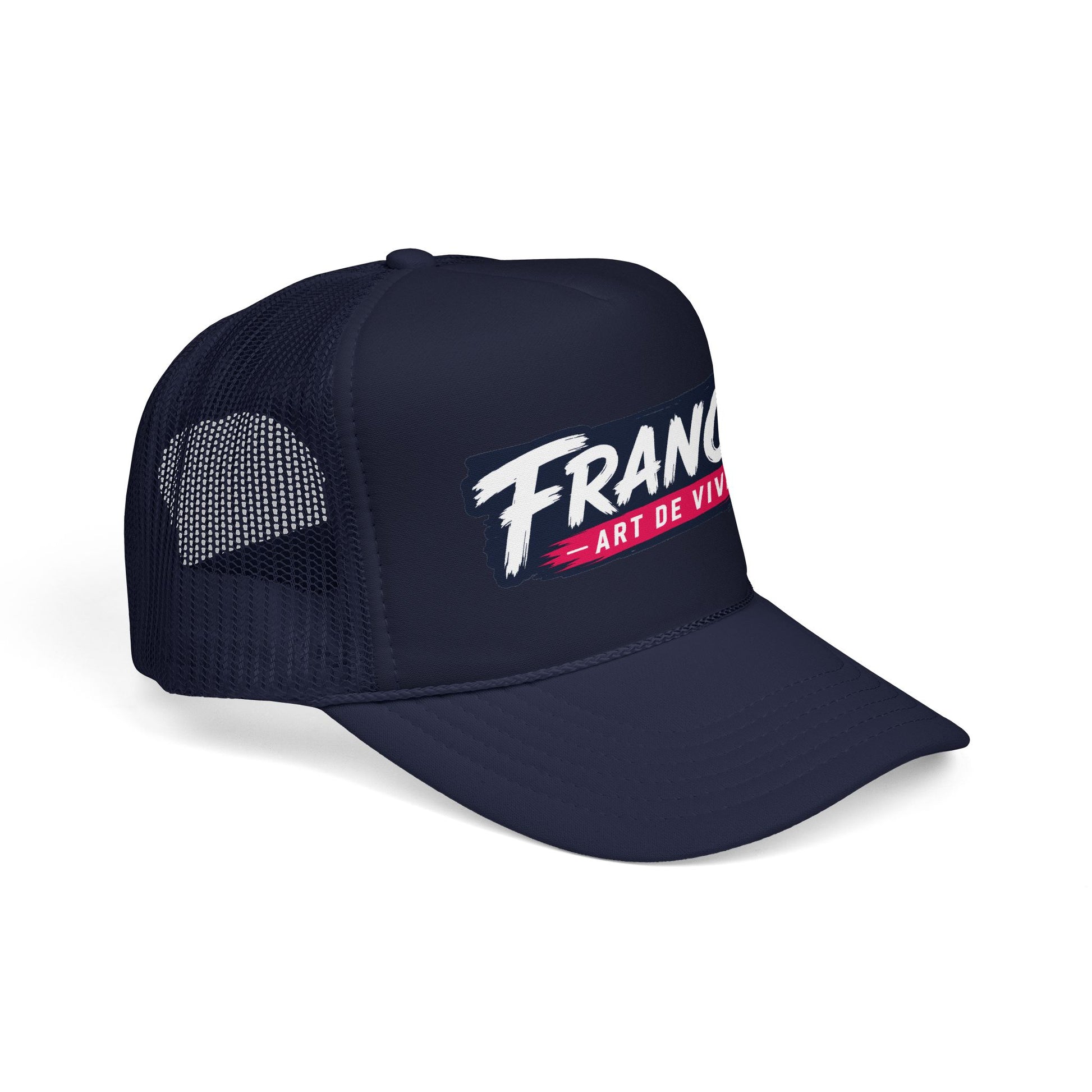 Dark navy trucker hat with mesh back, curved brim, and “FRANCE” logo