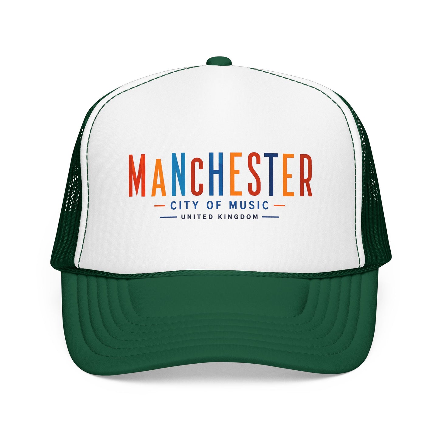 White and dark green trucker hat with Manchester City of Music logo on front.