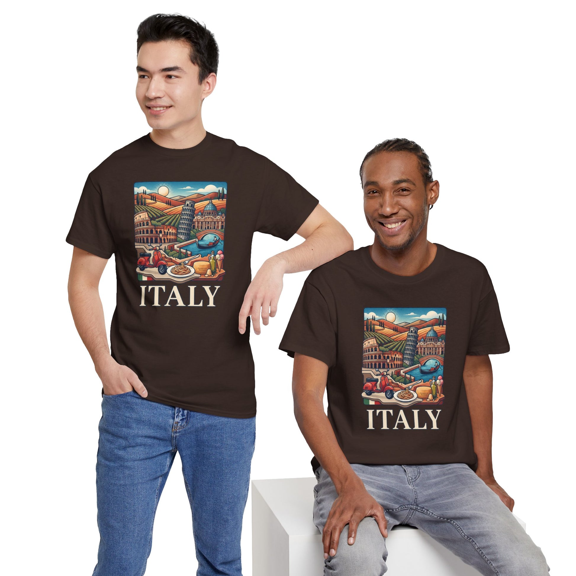 Dark brown crewneck graphic T-shirt with colorful Italy scene and “ITALY” print