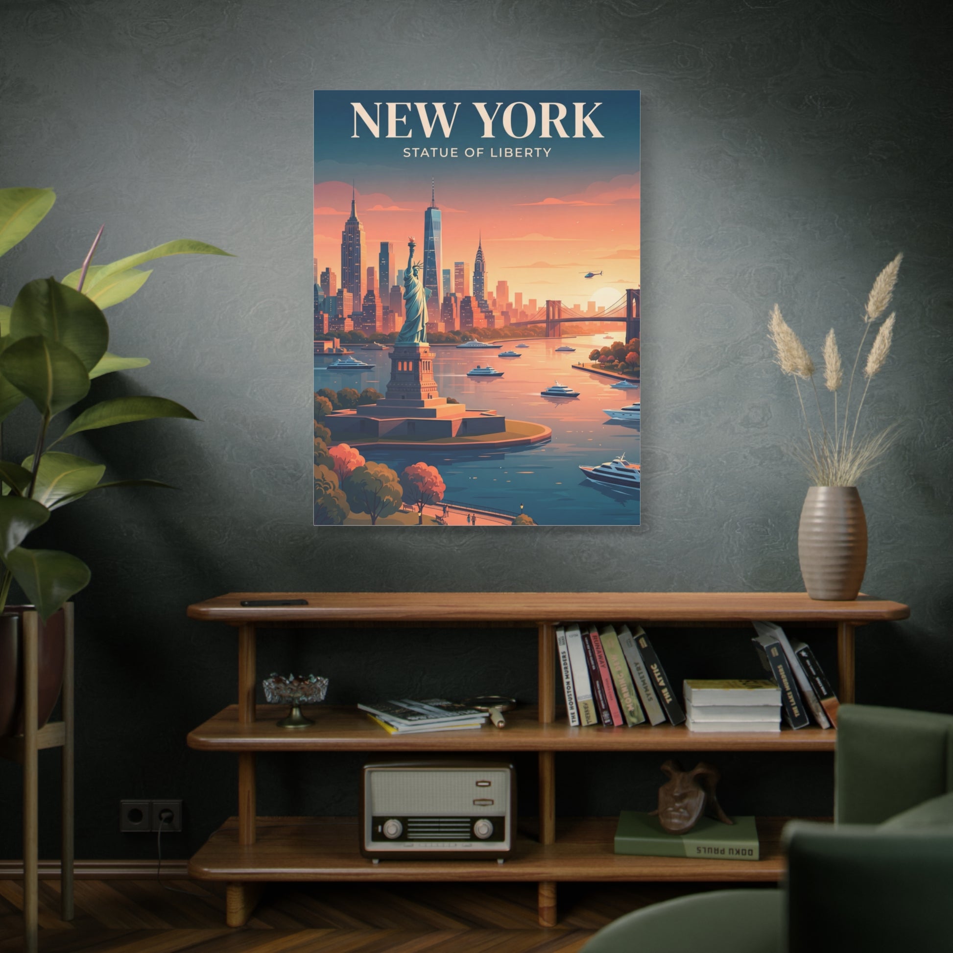 Rectangular canvas wall art with Statue of Liberty and city skyline at sunset