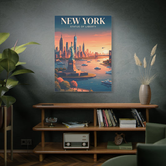 Rectangular canvas wall art with Statue of Liberty and city skyline at sunset