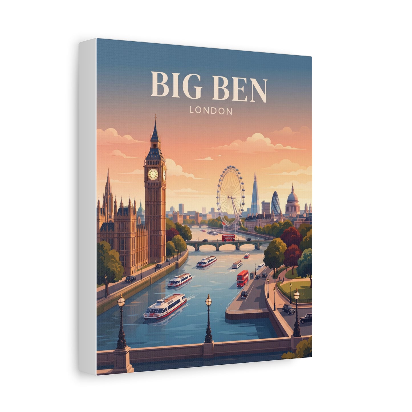Matte canvas wall art showing Big Ben clock tower and boats along the river at sunset