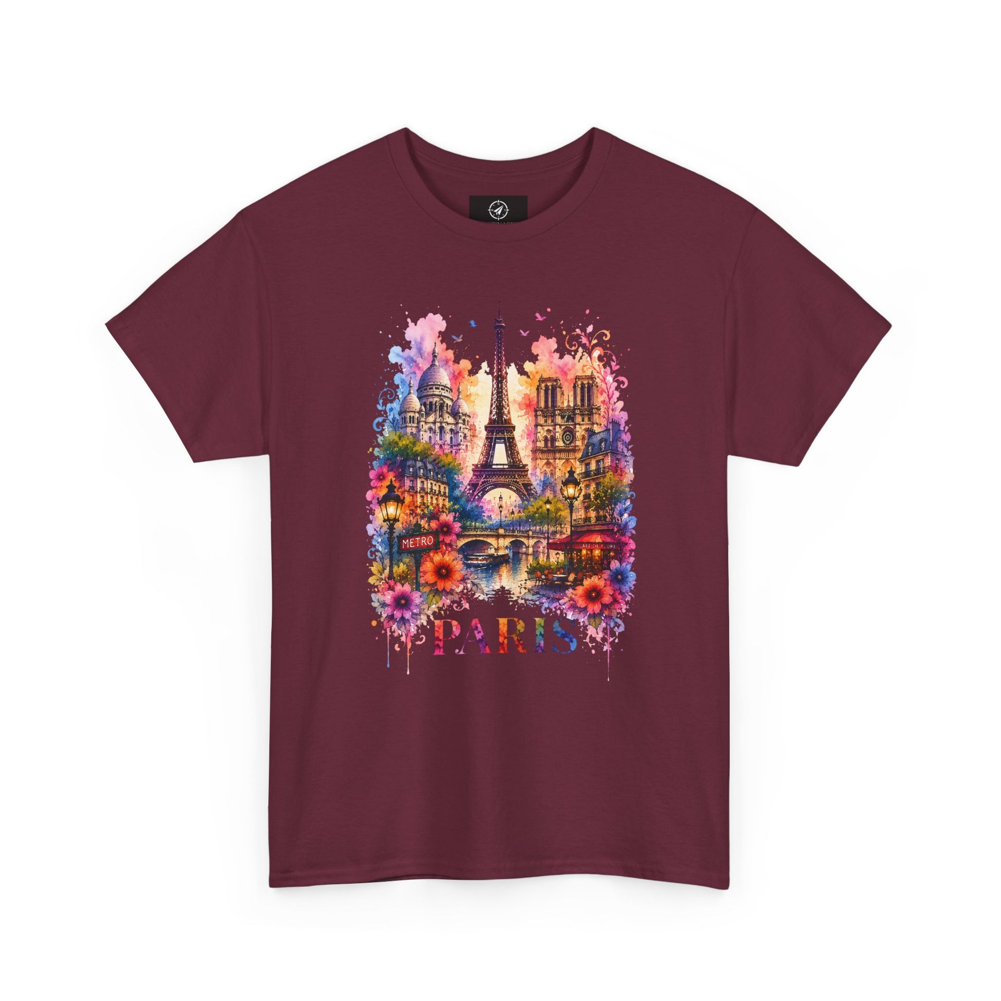Unisex maroon T-shirt with colorful floral Eiffel Tower graphic and “PARIS”