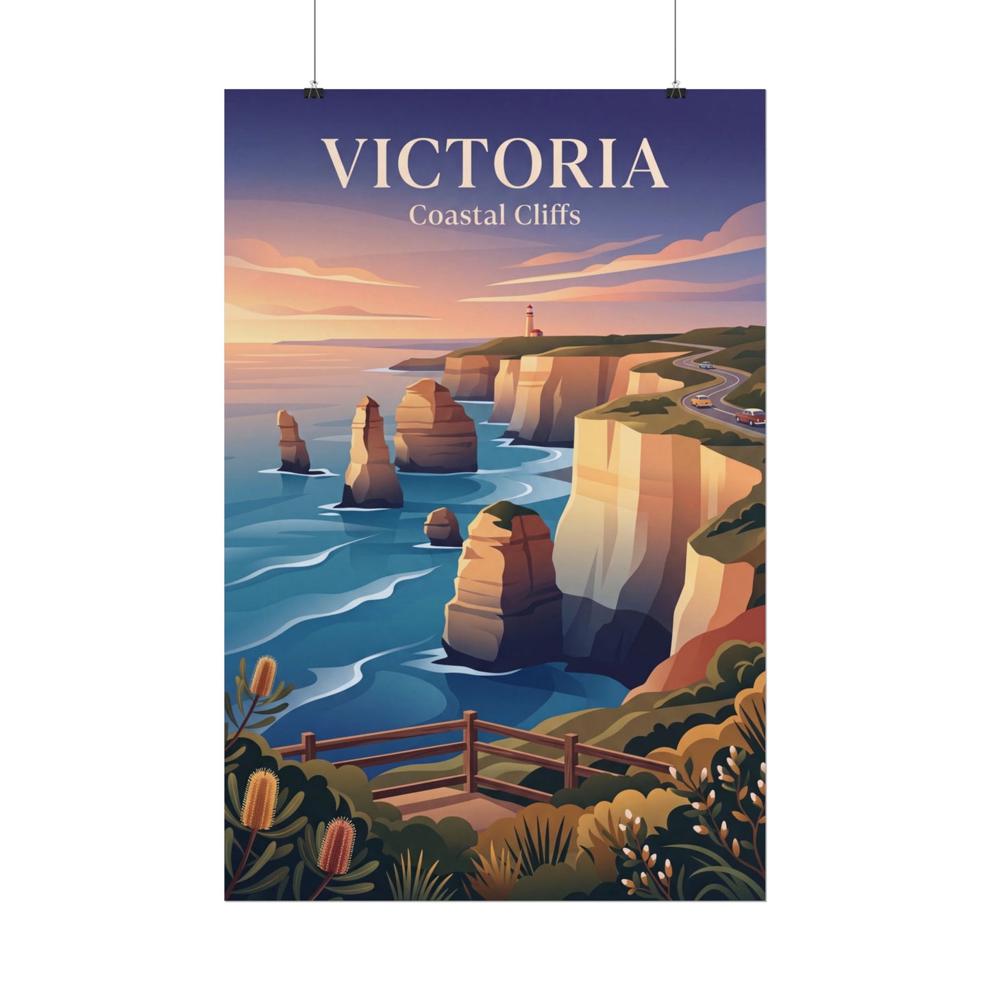 Vertical poster with illustrated coastal cliffs and 'Victoria Coastal Cliffs' title, hanging