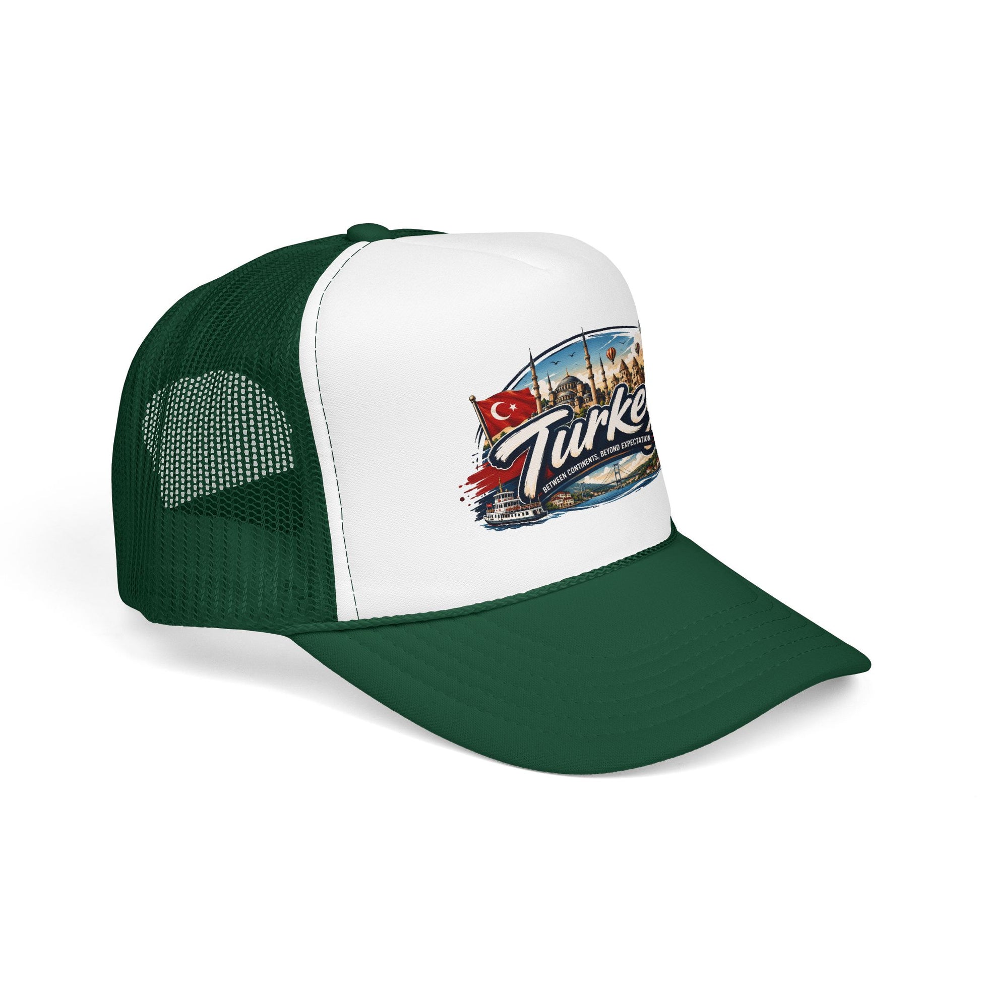 Turkey travel trucker hat with white front panel and dark green mesh sides, logo patch
