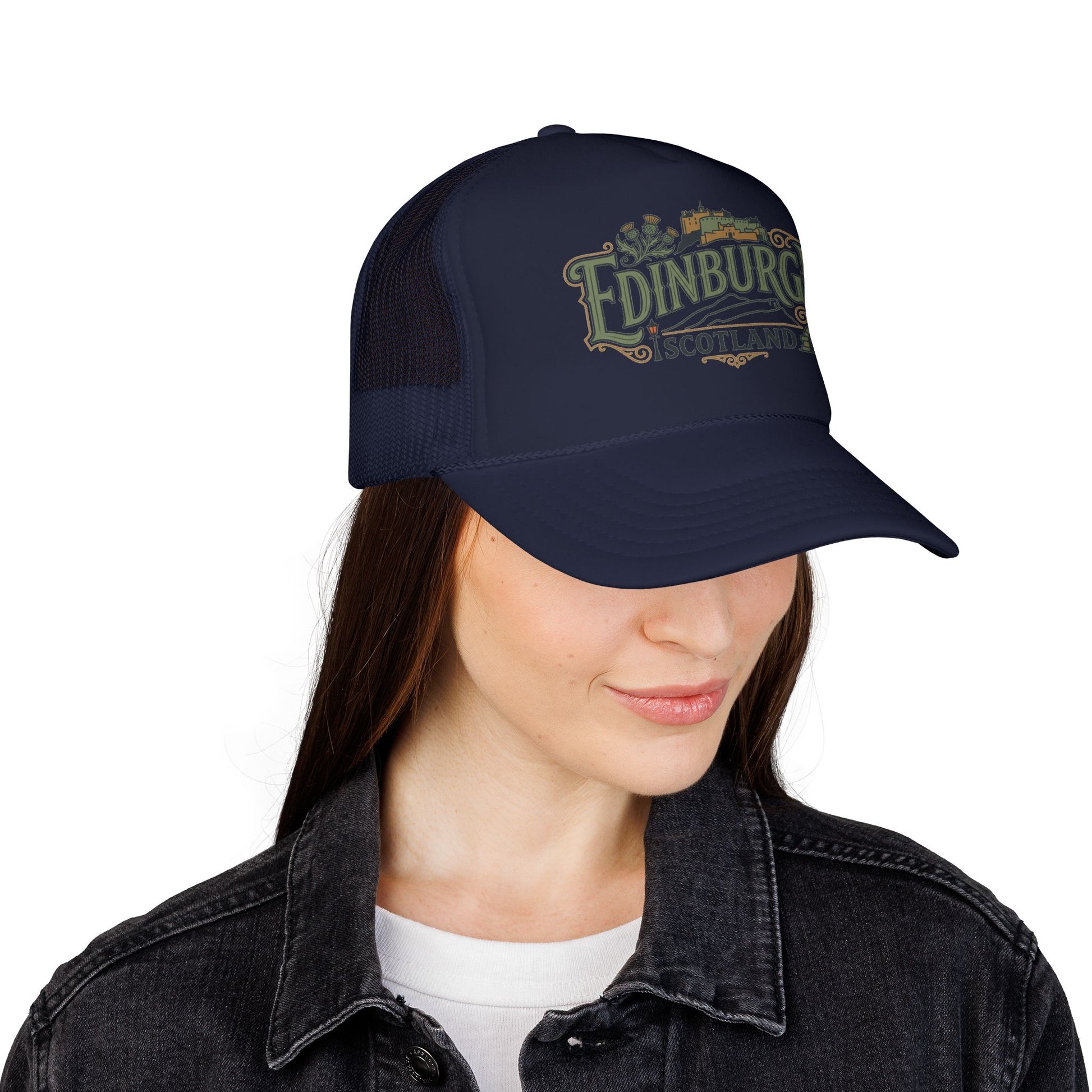 Navy trucker hat with mesh sides and embroidered Edinburgh logo; curved brim.